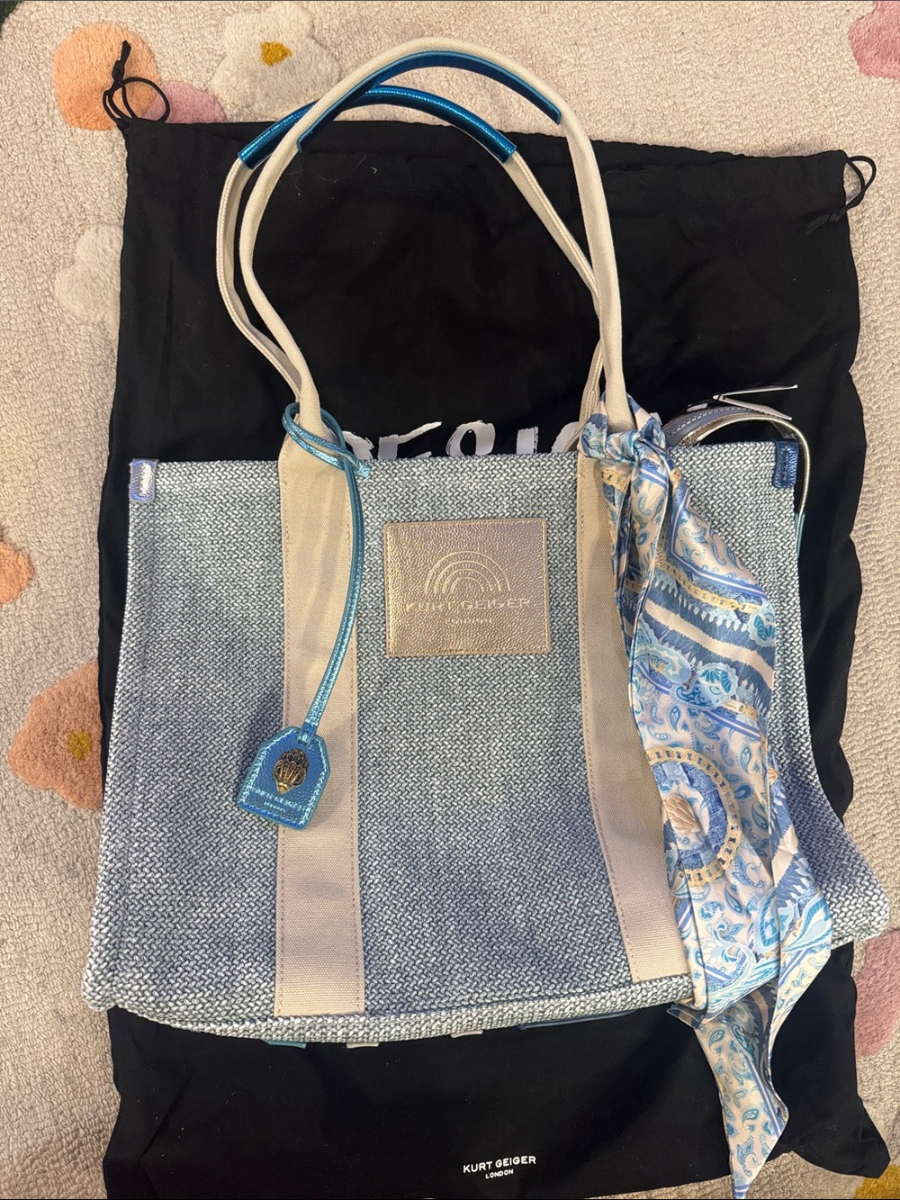 Kurt Geiger Raffia Blue and Cream Tote with Patterned Scarf Accent